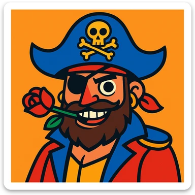 bold and colorful pirate character with left eye patch and rose between teeth sticker