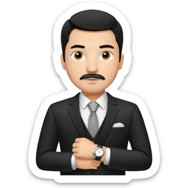 Roupa: terno preto moderno e bem ajustado, com camisa social branca sem gravata (para dar um ar mais contemporâneo), cinto de couro preto e relógio prateado. Tom de pele: médio quente
Cabelos: curtos e bem penteados PRETOS
Rosto: com bigode e cavanhaque leve, expressão firme e confiante. PRETOS sticker