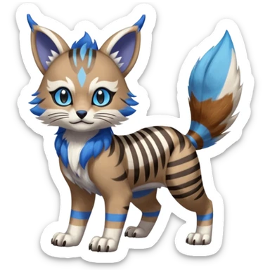 Brown and white-striped Colorful Skilled Adept Graceful Asian Painted WereGarurumon-Meloetta-Ursaring-Furret-fusion-hybrid-creature (full body) with blue rings around eyes, tufted lynx ears sticker