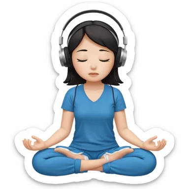 An East Asian woman is sitting cross-legged in a meditation pose, wearing Apple headphones and listening to music. The song is so beautiful that she has her eyes closed and tears streaming down her face. sticker