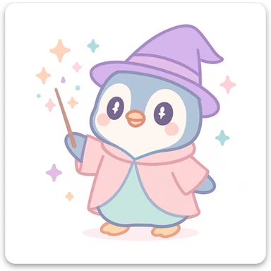 cartoon penguin wizard casting a spell, wearing robe, holding wand, magical sparkles around, playful and colorful sticker