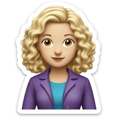 Woman teacher, blonde long curly hair,  blue eyes, purple jacket, with book sticker