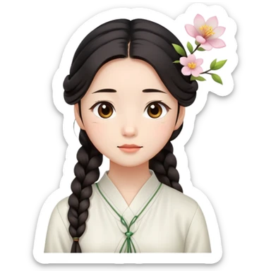  A Chinese girl with a long braid, a brown hairpin shaped , and a white blouse, breathing in the spring air. sticker
