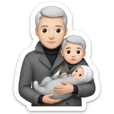 A father with silver-grey hair styled neatly and a clean-shaven face, wearing a dark turtleneck and wool coat, holding his baby sticker
