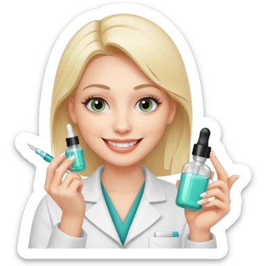 A smiling beautician with cold, calculating eyes, pointing at your cheek while holding an expensive serum bottle. Fake smile, predatory vibe. sticker