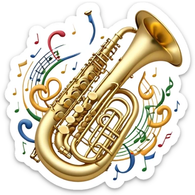Create a complex, festive, and professional emblem-like emoji representing wind instruments. The design should resemble a heraldic crest, featuring iconic brass and woodwind instruments such as a trumpet, saxophone, clarinet, flute, trombone, and tuba, symmetrically arranged in a balanced composition. A flowing ribbon of musical notes should elegantly weave around the instruments, intertwining with their curves, bells, and mouthpieces, creating a dynamic and harmonious effect. The instruments should have rich metallic tones—gold for brass and silver for woodwinds—with polished highlights and intricate details on the keys and valves. Decorative elements such as elegant scrollwork, laurels, or subtle engravings should enhance the grandeur of the design, making it look celebratory and prestigious. The overall composition should be visually complete, refined, and suitable as a standalone emblem. The background should be transparent. sticker