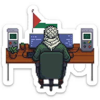 Create a pixel art style image of a man who is a Palestinian person in front of a gaming setup. Include a small Palestinian flag visible in the scene. The background should be removed, focusing on the character and the gaming setup. sticker