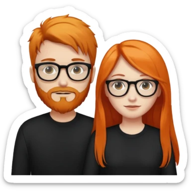 girl with long orange hair wearing no glasses and all black clothes and holding hands with boy with black hair and beard and glasses and pale skin sticker