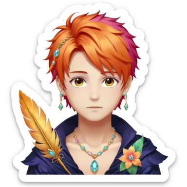 Beautiful gorgeous anime boy with beautiful fiery-special-hair, fashion aesthetic, ethereal, fairycore, pastelcore, feather, flower, gems, accessories, jewelries, gold, colorful sticker