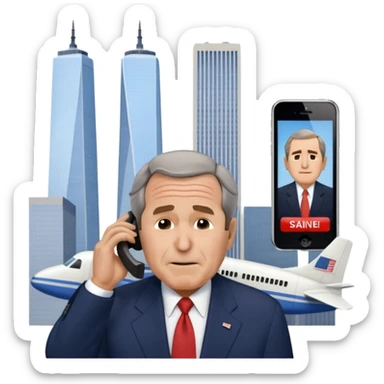  emoji of the world trade center with a plane crashed into it and george bush on a phone in front of them sticker