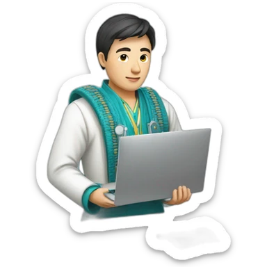 IT specialist man Kazakh in national clothes with laptop in hands sticker