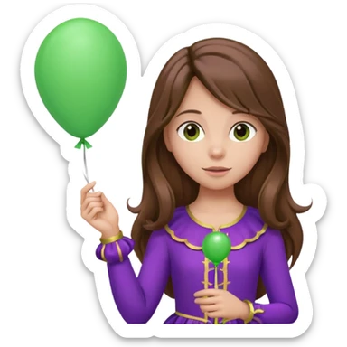 girl with long brown hair and purple costumes, holding green balloon sticker