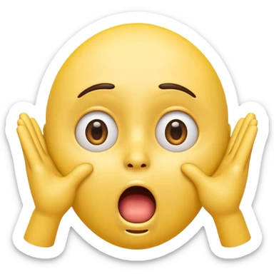 A 3D glossy yellow emoji of a shocked horrified face, with mouth and eyes are wide open, eyebrows  raised, and hands against their cheeks, face without nose, black background, high quality, soft studio lighting sticker