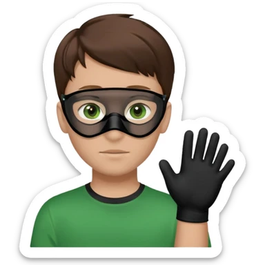 Chico de pelo marrón y ojos verdes. Con un cubre bocas negro, que tiene una camisa verde por encima de una remera blanca, y tiene un guante negro en una sola de las manos. sticker