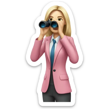 white female employee in pink suit using binoculars with long loose hair looking like secretary. must be like a portrait sticker