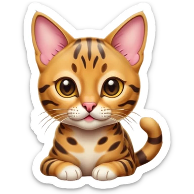 Cinematic Cute Bengal Cat Portrait Emoji, Playful and charming, sleek spotted brown and gold tones, Simplified yet adorable features, highly detailed, glowing with a warm, friendly glow, high shine, curious and affectionate, stylized with a touch of whimsy, bright and alert, soft glowing outline, capturing the essence of a mischievous yet loving kitten, so endearing it feels like it could pounce out of the screen and play! sticker