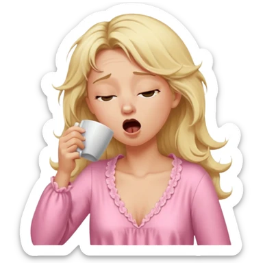 A blonde woman in a pink nightgown yawns, looking sleepy with dark circles under her eyes, drinking coffee, looking like she just woke up sticker