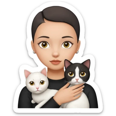 HAZEL EYES , BLACK BLACK BLACK BUZZ CUT LIGHT SKIN ROUND FACE GIRL HOLDING 1 WHITE CAT sticker