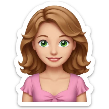 A woman has beige skin, wavy light brown hair, green-blu eyes, she wears pink dress  sticker