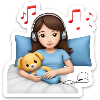 Girl lying on bed comfortably listening to music with wired earphones, holding a plush toy sticker