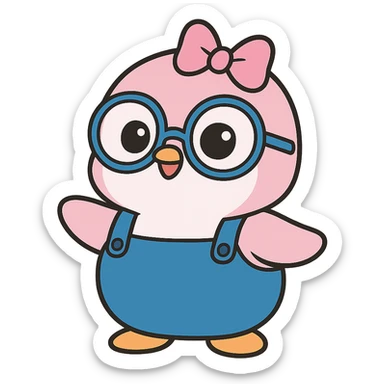 Create a pink genius girl penguin inspired by the reference image. The penguin should be round and pink, wearing big blue glasses and blue overalls, with a pink bow on her head. She should have a cute and clever expression in a cartoon style. The background should be transparent. sticker