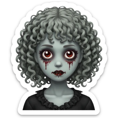 Faça um emoji de zumbi mulher, cabelo cacheado e franja cacheada, deixe ele com a estética meio gothic sticker