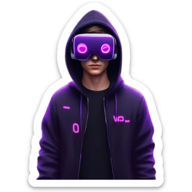 Russian young man wearing a black hoodie with "OMG" letters on it and VR headset in a cyberpunk VR environment with violet neon lighting. sticker