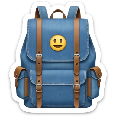An emoji-style blue denim backpack with a flap top and two small buckle straps attached only on the flap, not connected to the front panel. No front pockets or vertical straps below the flap. Clean and minimal design with two side pockets. Cartoon icon, front view.



 sticker