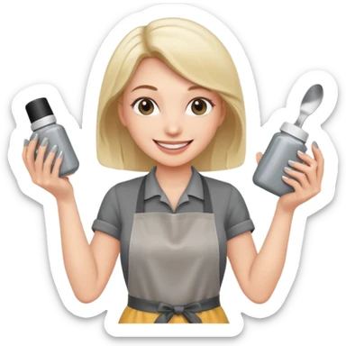 female nail master with buff and gel polish in hand in grey apron  sticker