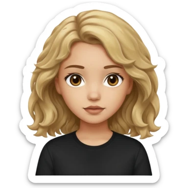 Light skinned girl with dirty blonde wavy hair and deep brown eyes and a black square shirt sticker