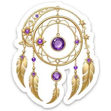 Epic beautiful gorgeous cute gold suncatcher, threads with shiny sparkly amethyst gemstones, flowers, crescents-moons, stars, gold Feathers  sticker