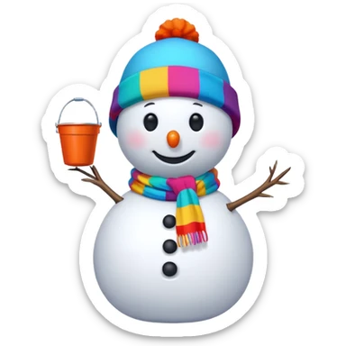 A snowman wearing a colorful scarf and a tiny bucket hat. sticker