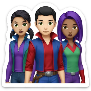 Solo poly platonic relationship, one African girl, one Asian boy, one biracial features Asian tomboy girl rat-tail hair long and upper masculine hair 90s, vampire and marvel cosplay elements inspired  use marvel race, like instead of obvious human, green purple blue etc,  sticker