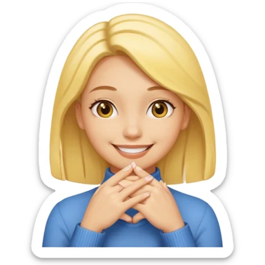 yellow smiling face girl with both hands under chin fingers touching sticker