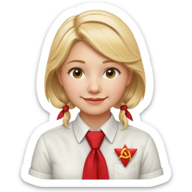 A Soviet pioneer girl emoji — smiling young girl wearing a white shirt and a bright red pioneer necktie tied in a loose triangle knot with wide ends (not a formal tie). No hat or headwear. Blonde hair, friendly face, flat minimal emoji style, Apple emoji aesthetic, clean outlines and soft shading. sticker