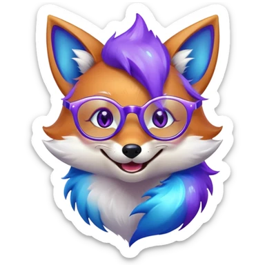 A magical fox with shimmering purple and blue fur, a glowing tail, a silver star on its forehead, and round glasses, laughing so hard that tears are streaming from its eyes sticker