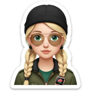 girl with pigtailed blond hair
with blue eyes and aviator sunglasses

wearing a black plain beanie
wearing (rose gold apple watch with forest green band) sticker