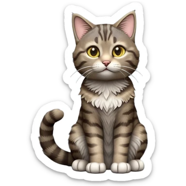 cinematic-[grey brown tabby cat]-realistic-full-body-sitting-emoji,-tail-curled-playfully-around-its-paws,-head-tilted-dramatically,-scruffy-[grey]-fur,-simplified-yet-realistic-focused-features,-highly-detailed,-glowing-with-an-almost-sarcastic-glow sticker