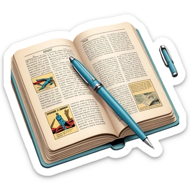 Create a detailed emoji representing the process of writing texts for comic books. The design should feature a large, open comic book with vintage comic strips visible on its pages. A pen should be shown writing text on one of the comic panels, but without a hand. The pencil should appear as though it is actively creating the dialogue or narration. Use a classic color palette with muted tones for the comic book and brighter accents on the pencil to draw attention to the writing process. Do not include any emojis or smiley faces. Make the background transparent. sticker
