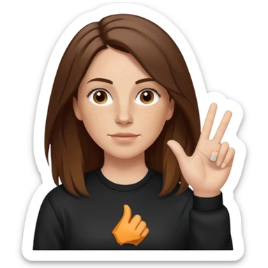 A 38 year old white woman with long brunette hair parted in the middle. She has her nose pierced. Her nose is medium sized. She has brown eyes. She has freckles and is wearing a black sweatshirt and is making the rock on sign with her hand sticker