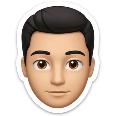 Emoji masculino em estilo 3D / cartoon realista, com pele morena clara, cabelos pretos bem penteados com gel, fios alinhados e com brilho, olhos pretos expressivos, sobrancelhas bem definidas, rosto jovem, expressão simpática e confiante, traços suaves e harmoniosos, sem barba sticker