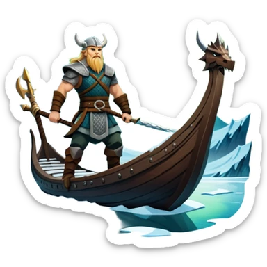 An icon representing an adventure game, inspired by Norse mythology. The design features a fierce Viking warrior standing at the prow of a dragon-headed longship, sailing through icy waters. Snow-capped mountains loom in the distance as the northern lights dance overhead, evoking a sense of conquest, mystery, and legend. Transparent background. sticker