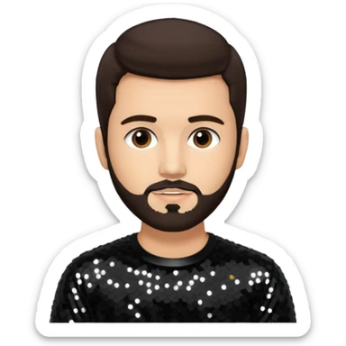 Frankie Zulferino, Pop Singer (b.1990) with dark brown hair and short beard, black sequin outfit, light tan skin sticker