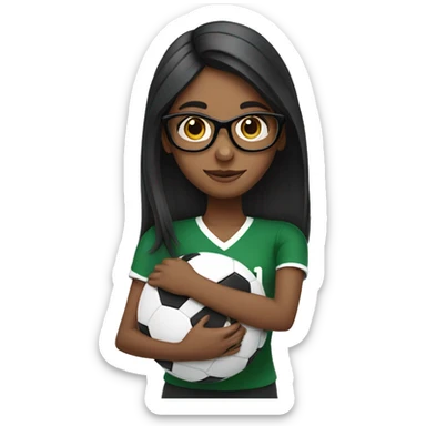 A Tamil girl with straight hair and black glasses hugging a football sticker