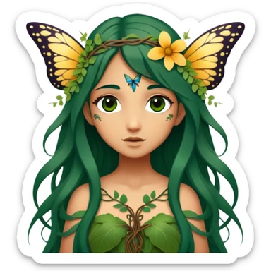 Cinematic Realistic Forest Fairy Portrait, depicted with lifelike, sun-kissed tanned skin that radiates an earthy glow, softly illuminated by natural, dappled light. Her long, flowing dark green hair is intricately detailed and interwoven with delicate vines and wildflowers, while her deep, soulful eyes mirror the wisdom of the forest. Dressed in an attire inspired by nature’s palette—with subtle botanical motifs—the portrait exudes a soft, enchanted glow that melds realism with woodland magic showing her large butterfly wings from her back. sticker