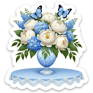 A crystal vase filled with a lush bouquet of white peonies and pale blue delphiniums sits atop a lace-covered table. A sheer ivory ribbon cascades down the side, intertwining with pearl beads, while a delicate blue butterfly flutters just above the petals sticker