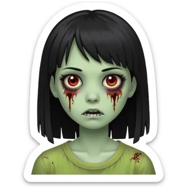 Emoji de uma garota zumbi com os cabelos longos, lisos e pretos. Ela usa uma franja curta. E tem a pele verde  sticker
