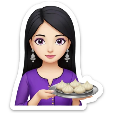 a pretty bratz girl with straight black hair, wearing a purple kurti, silver jhumkas, eyeliner, carrying a plate of momos. No necklace or bindi sticker