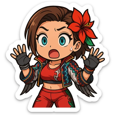 Azucena from Tekken 8 in chibi sticker style, with a shocked face and hands up, wearing the detailed red and patterned outfit from the reference images, designed for Twitch emote use. sticker