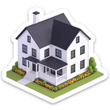 modern farmhouse with white siding, black roof and black trim, isometric sticker